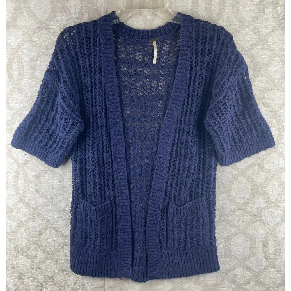 Free People Open Front Cardigan Womens XS Navy Blue Short Sleeve Crochet Knit